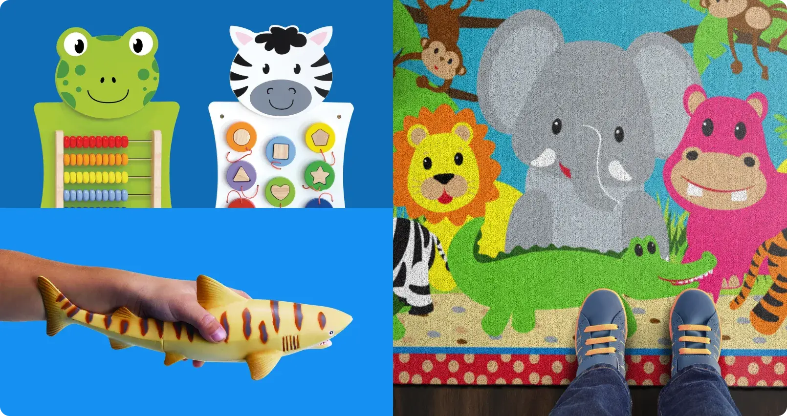 Colorful educational toys for toddlers including green frog abacus, zebra shape sorter, wooden toy shark, and vibrant animal-themed play mat with elephant, lion, hippo, and crocodile characters