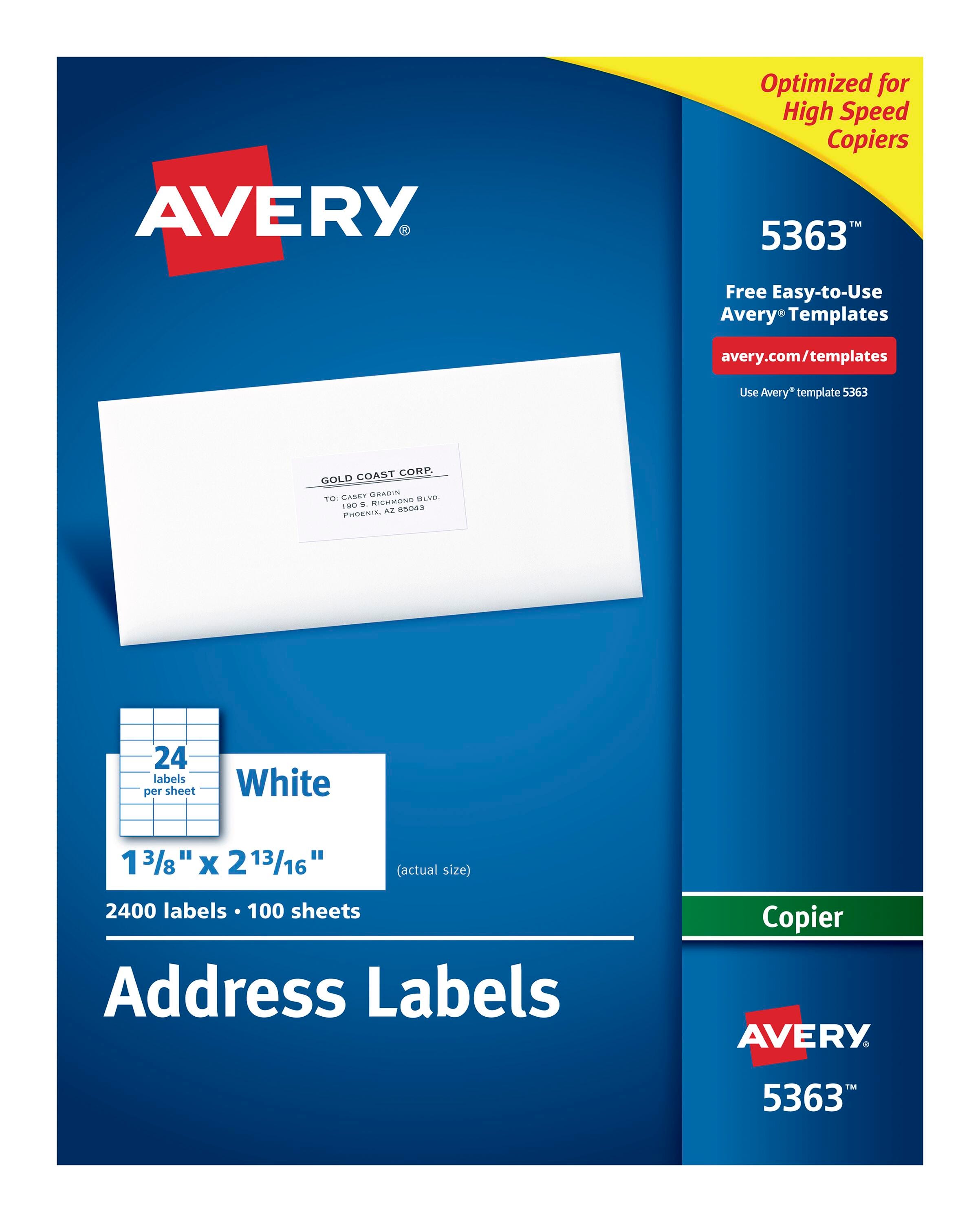 Image for Avery Copier Address Labels, 1-3/8 x 2-13/16 Inches, Pack of 2400 from School Specialty