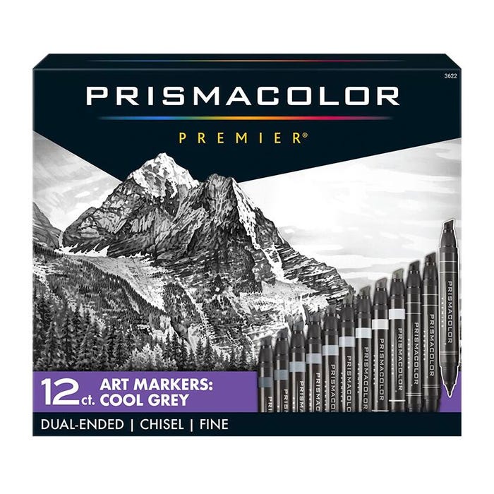 Prismacolor Premier Dual Ended Art Markers, Fine & Chisel Tip, Assorted Cool Grays, Set of 12