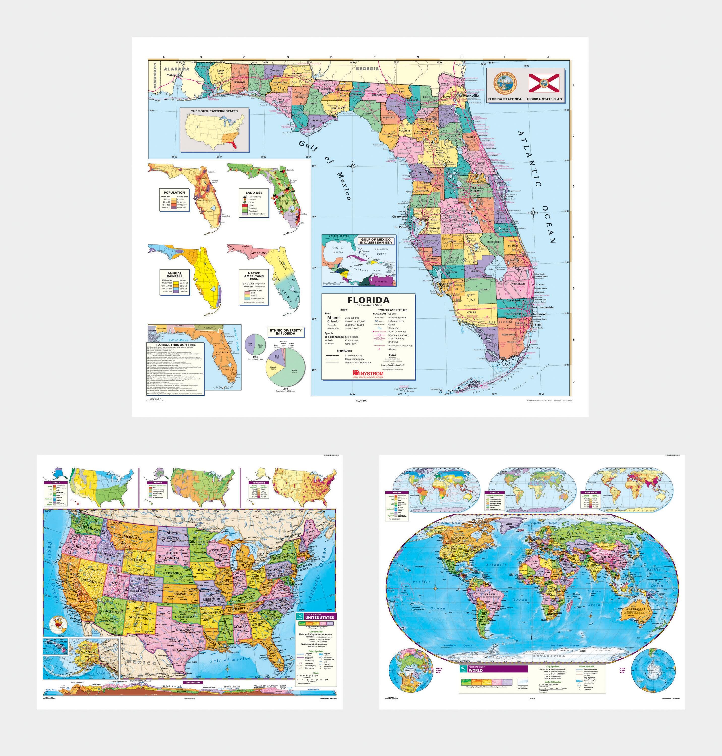 Social Studies FLORIDA/U.S./WORLD MAP COMBO, Markable, Erasable, Grades 4-12, Item Number 1566298