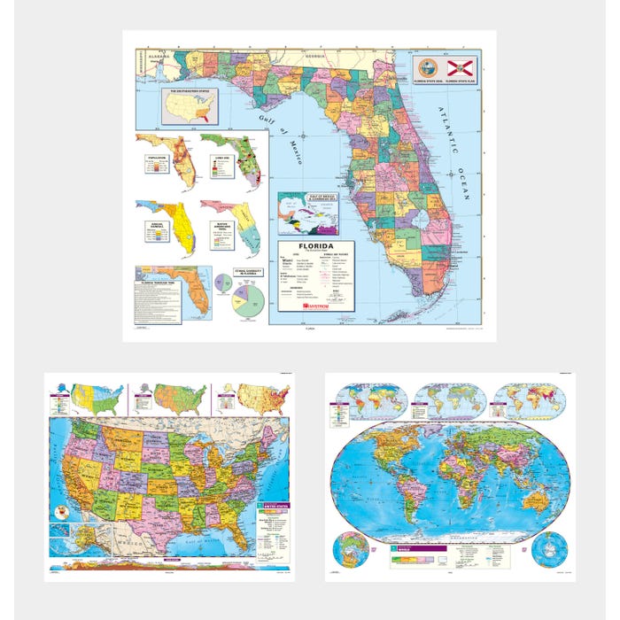 Social Studies FLORIDA/U.S./WORLD MAP COMBO, Markable, Erasable, Grades 4-12