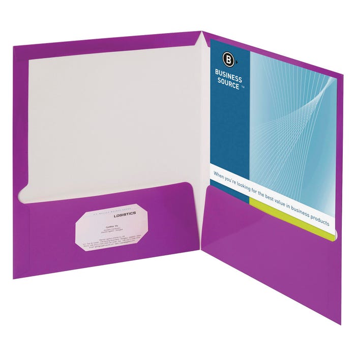 Business Source 2-Pocket Laminated Folder, 100 Sheet Capacity, Purple, Pack of 25