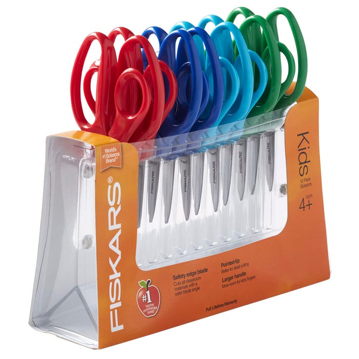 Fiskars Pointed Tip Kids Scissors, 5 Inches, Assorted Colors, Pack of 12