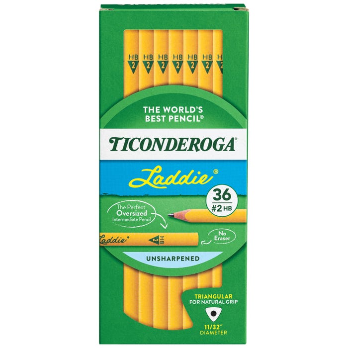 Ticonderoga Laddie Triangular Pencils, No 2 HB, Unsharpened, Without Erasers, Yellow, Pack of 36