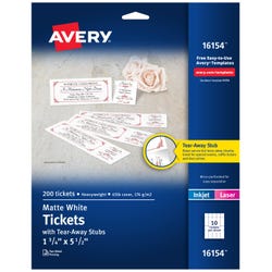 Avery Microperforated Printable Ticket with Tear-Away Stubs, 1-3/4 x 5-1/2 Inches, White, Pack of 200