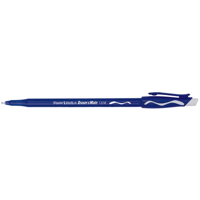 Paper Mate EraserMate Ballpoint Pens, Medium Point, 1.0 mm, Blue, Pack of 12