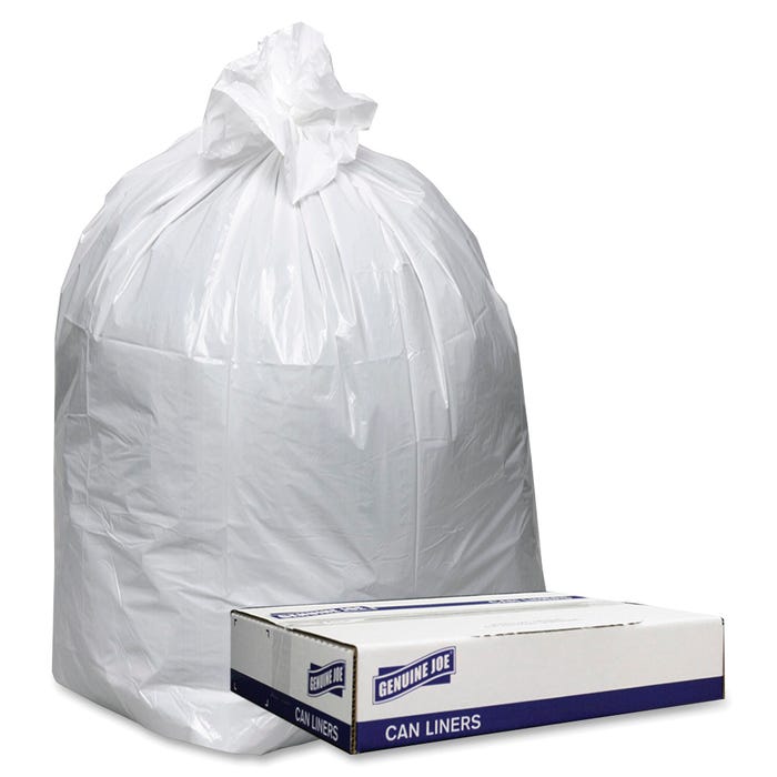 Genuine Joe Low Density Can Liners, 60 Gallon, 0.90 mil, White, Pack of 100