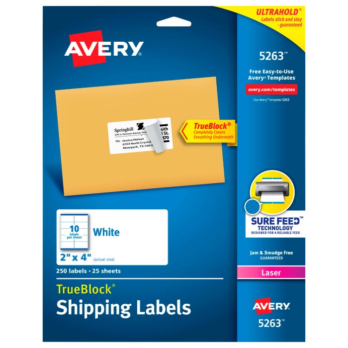Avery TrueBlock Shipping Labels, Laser Print, 2 x 4 Inches, White, Pack of 250