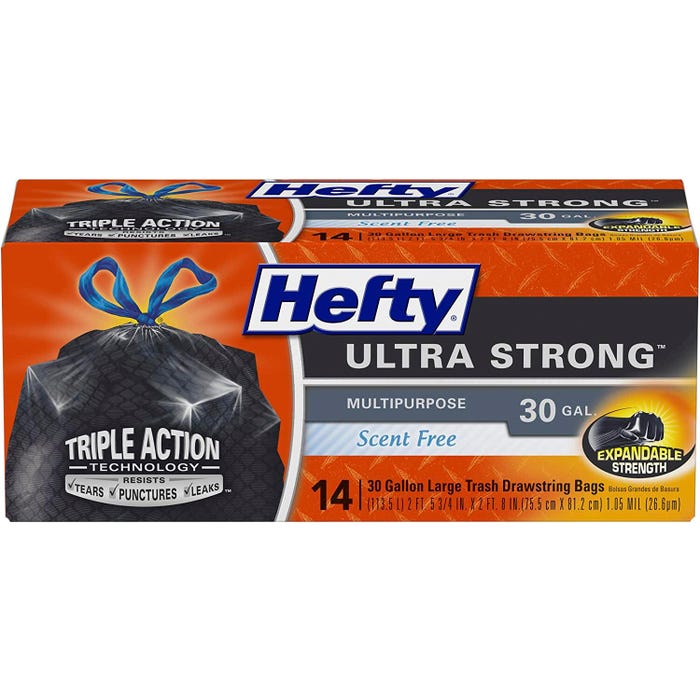 Hefty Ultra Strong Large Drawstring Trash Bags, 30 Gallon, Black, 14 Count Box
