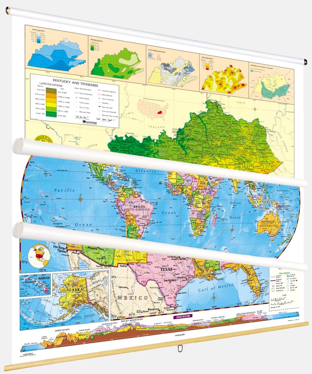 Social Studies KENTUCKY/U.S./WORLD MAP COMBO, Markable, Erasable, Grades 4-12, Item Number 1566305