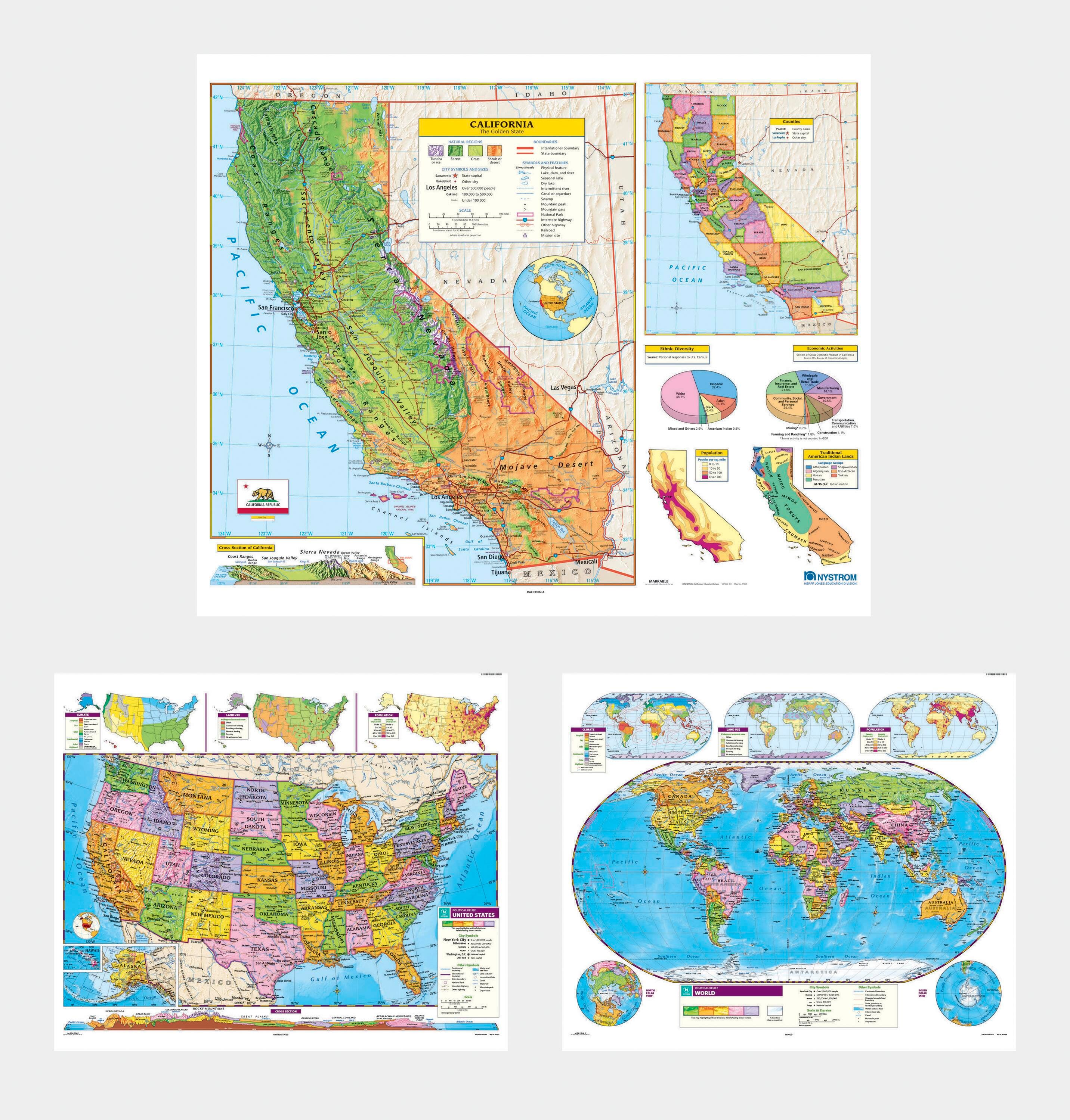 Social Studies CALIFORNIA/U.S./WORLD MAP COMBO, Markable, Erasable, Grades 4-12, Item Number 1566295