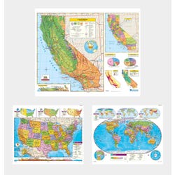Social Studies CALIFORNIA/U.S./WORLD MAP COMBO, Markable, Erasable, Grades 4-12, Item Number 1566295