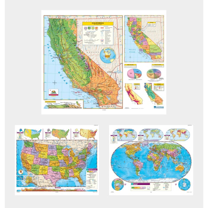 Social Studies CALIFORNIA/U.S./WORLD MAP COMBO, Markable, Erasable, Grades 4-12
