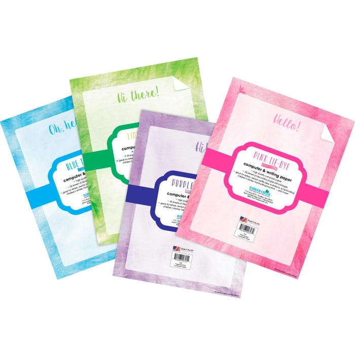 Barker Creek Designer Computer Paper Set, Tie-Dye, 4 Designs, 8-1/2 x 11 Inches, 200 Sheets, Item Number 2102194