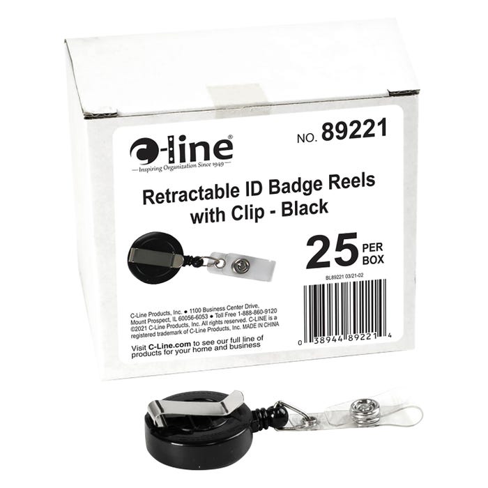 C-Line Retractable ID Card Reel Belt Clip & Snap-On ID Straps, Black, Pack of 25