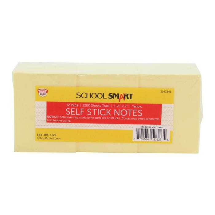 School Smart Removable Self-Stick Adhesive Notes, 1-1/2 X 2 Inches, Yellow, 100 Sheets/Pad, Pack of 12