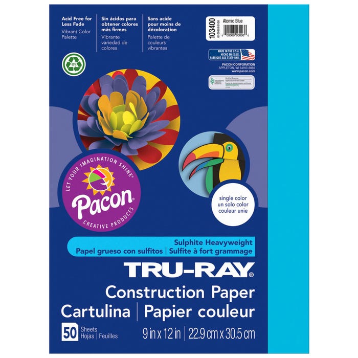 Tru-Ray Sulphite Construction Paper, 9 x 12 Inches, Atomic Blue, 50 Sheets