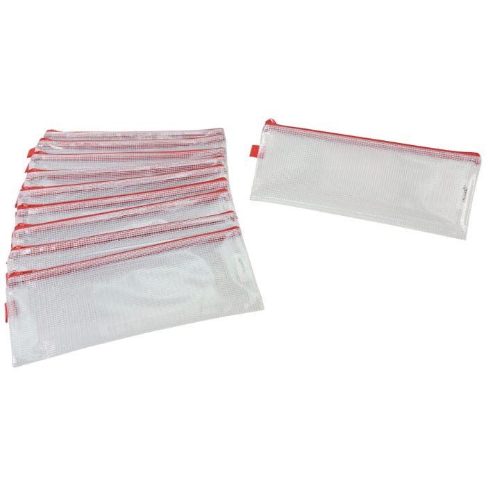 Sax Mesh Tool Case Pouches, 5 x 13 Inches, Clear with Red Trim, Pack of 10