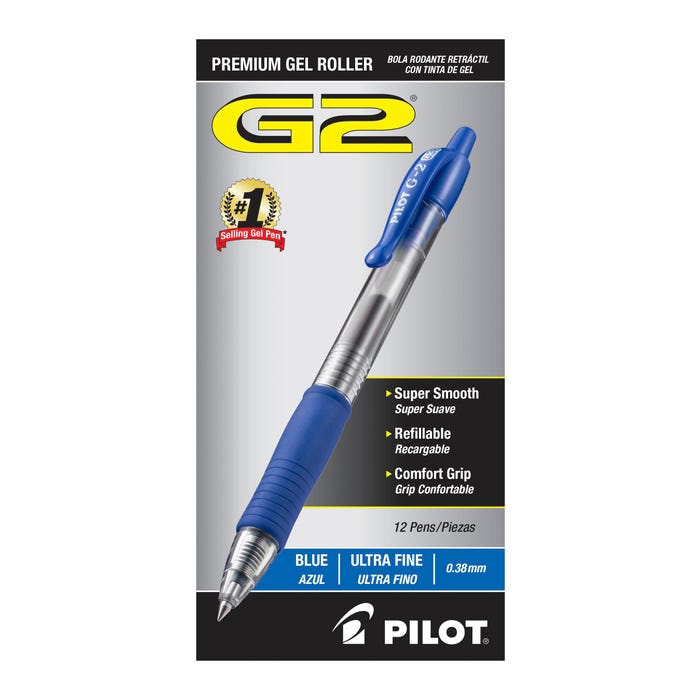 Pilot G2 Premium Retractable Gel Ink Rolling Ball Pens, Ultra Fine Point, Blue Ink, Pack of 12