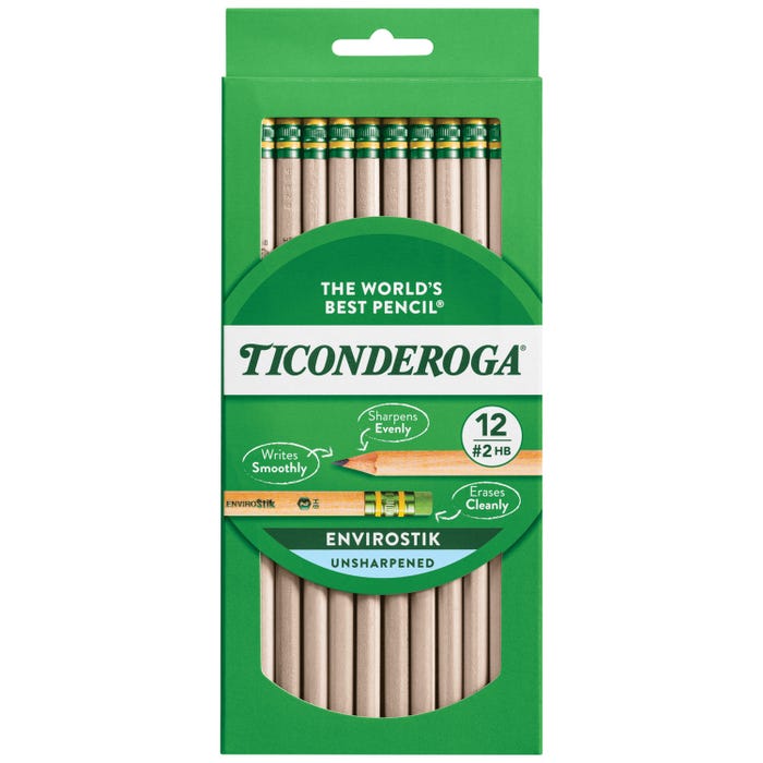 Ticonderoga EnviroStiks Wood-Cased Pencils, No 2 HB, Unsharpened, Pack of 12