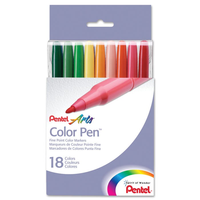 Pentel Non-Toxic Water Based Color Pens, Fiber-Tip, Assorted Colors, Set of 18