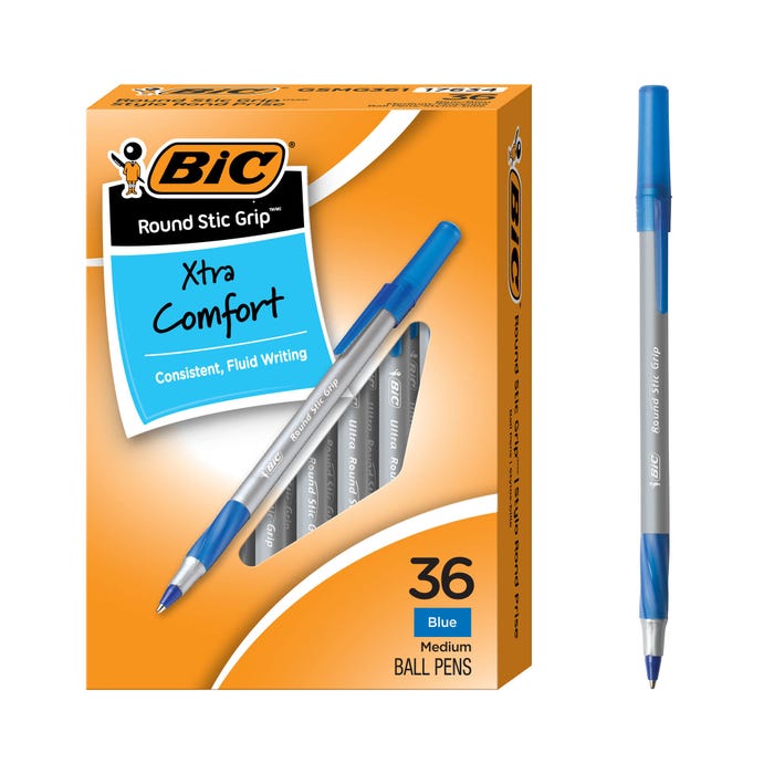 BIC Xtra Comfort Round Stick Pen, 1.2 mm Medium Tip, Blue, Pack of 36