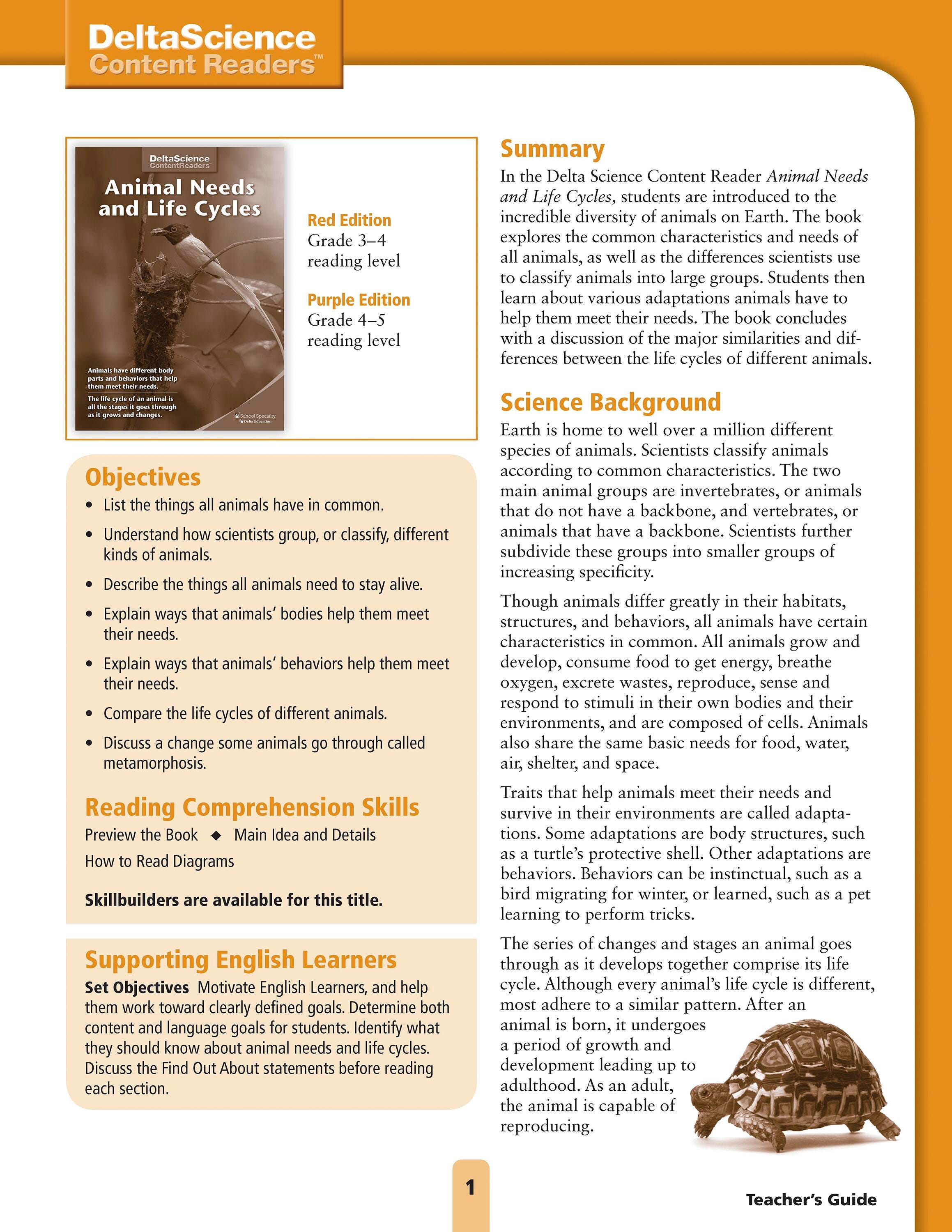Delta Science Content Readers Animal Needs and Life Cycles Red and Purple Teacher's Guide, Item Number 1278153