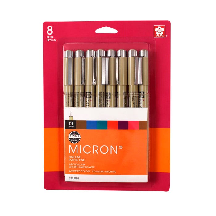 Sakura Pigma Micron Quick Dry Non-Toxic Permanent Waterproof Pen Set, No 01 Tip, Assorted Color, Set of 8