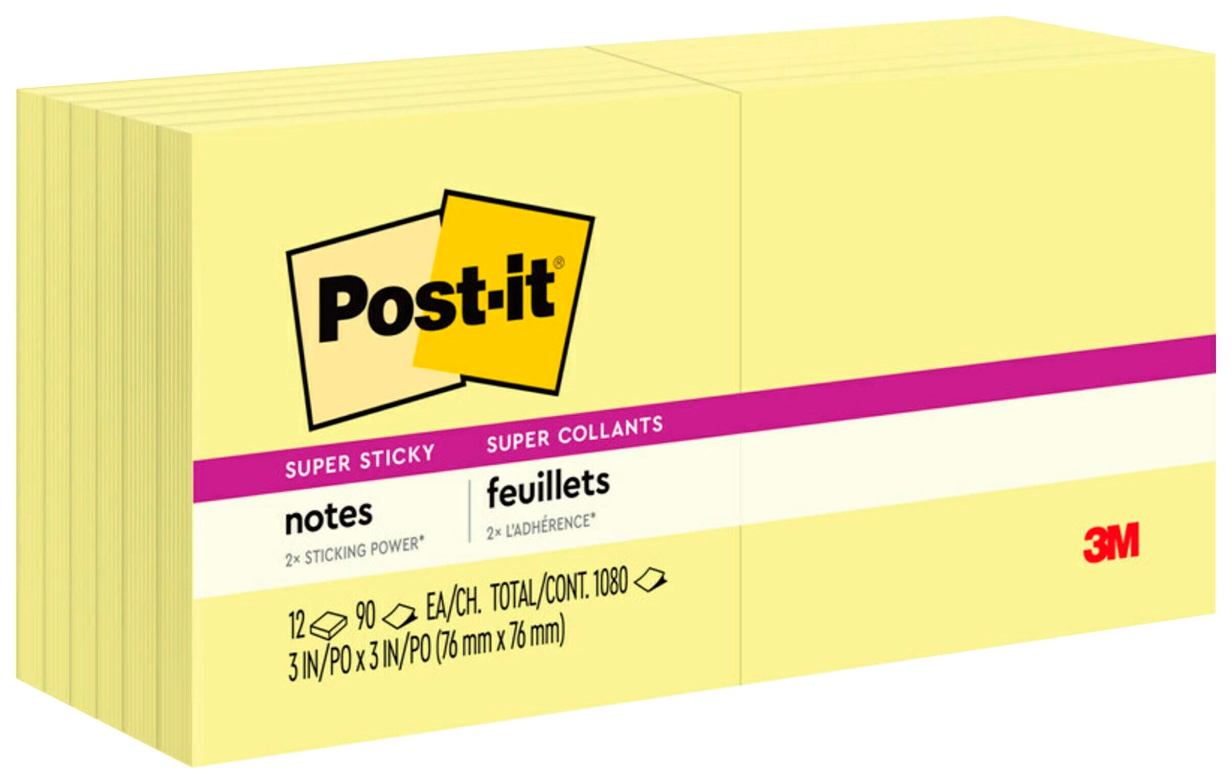 Image for Post-it Super Sticky Notes, 3 x 3 Inches, Canary Yellow, 90 Sheets/Pad, Pack of 12 from School Specialty