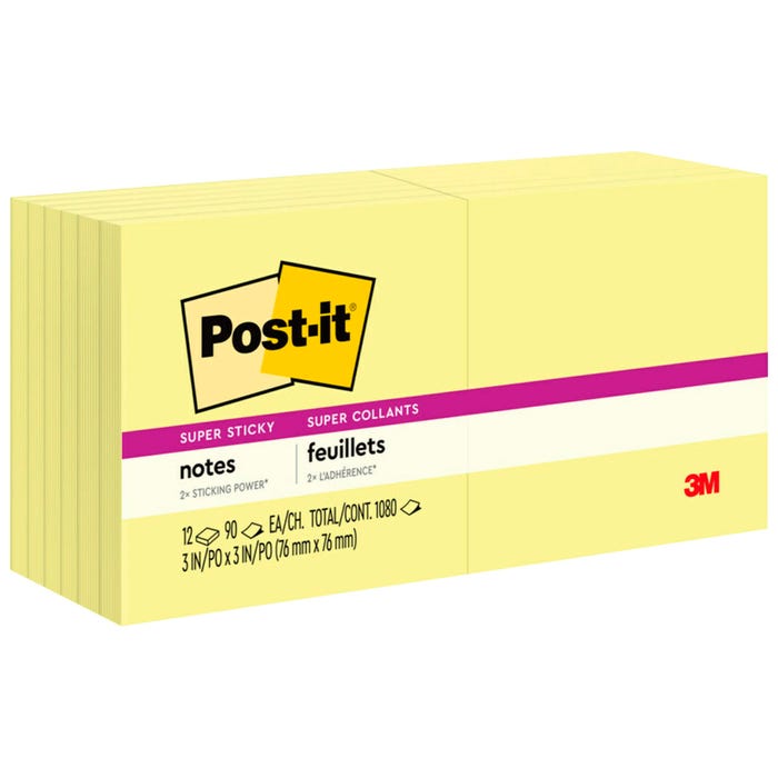 Post-it Super Sticky Notes, 3 x 3 Inches, Canary Yellow, 90 Sheets/Pad, Pack of 12