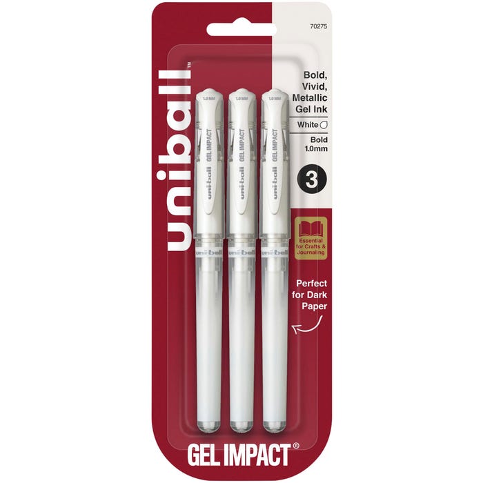 uniball Gel Impact, 1.0 mm, White, Pack of 3