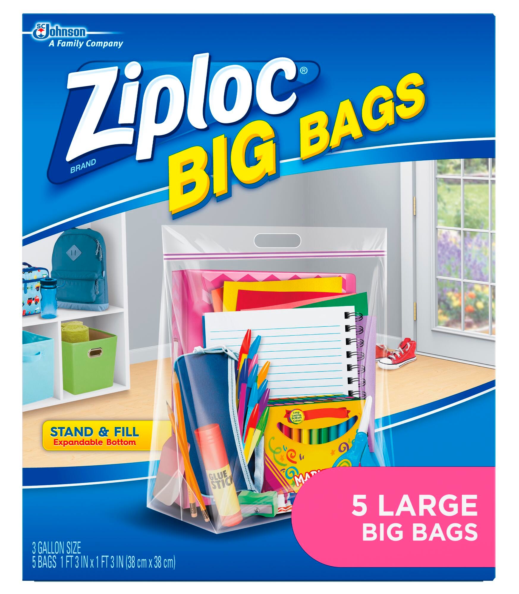 Ziploc Big Bags, 3 Gallon Storage Bags, 15 x 15 Inches, Pack of 5