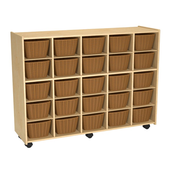 Childcraft Mobile Cubby Storage Unit, 25 Wicker Baskets, 47-3/4 x 14-1/4 x 36 Inches