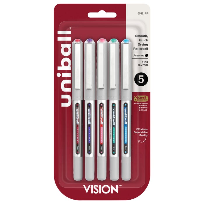 uniball Vision Stick Roller Ball Pens, 0.7 mm Fine Tip, Assorted Colors, Set of 5