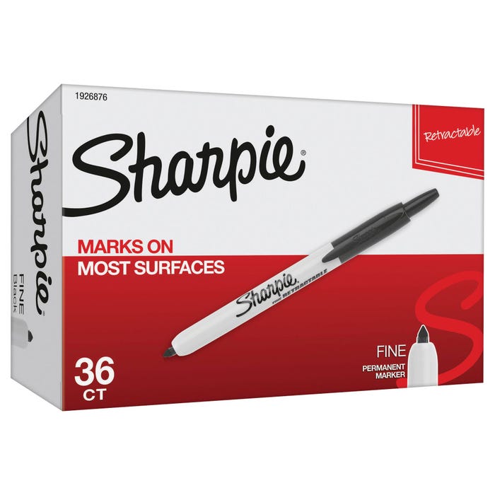 Sharpie Retractable Permanent Markers, Fine Point, Black, Pack of 36
