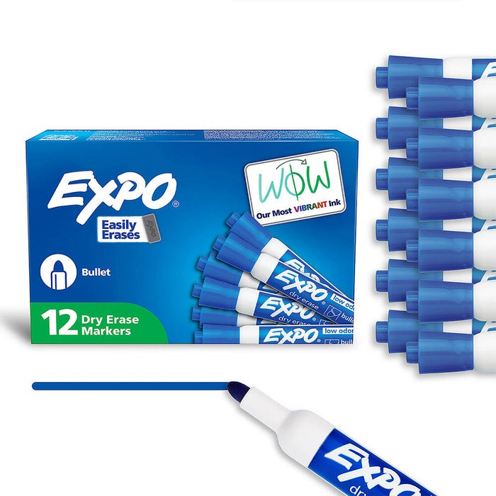 EXPO Low Odor Dry Erase Markers, Bullet Tip, Blue, Pack of 12