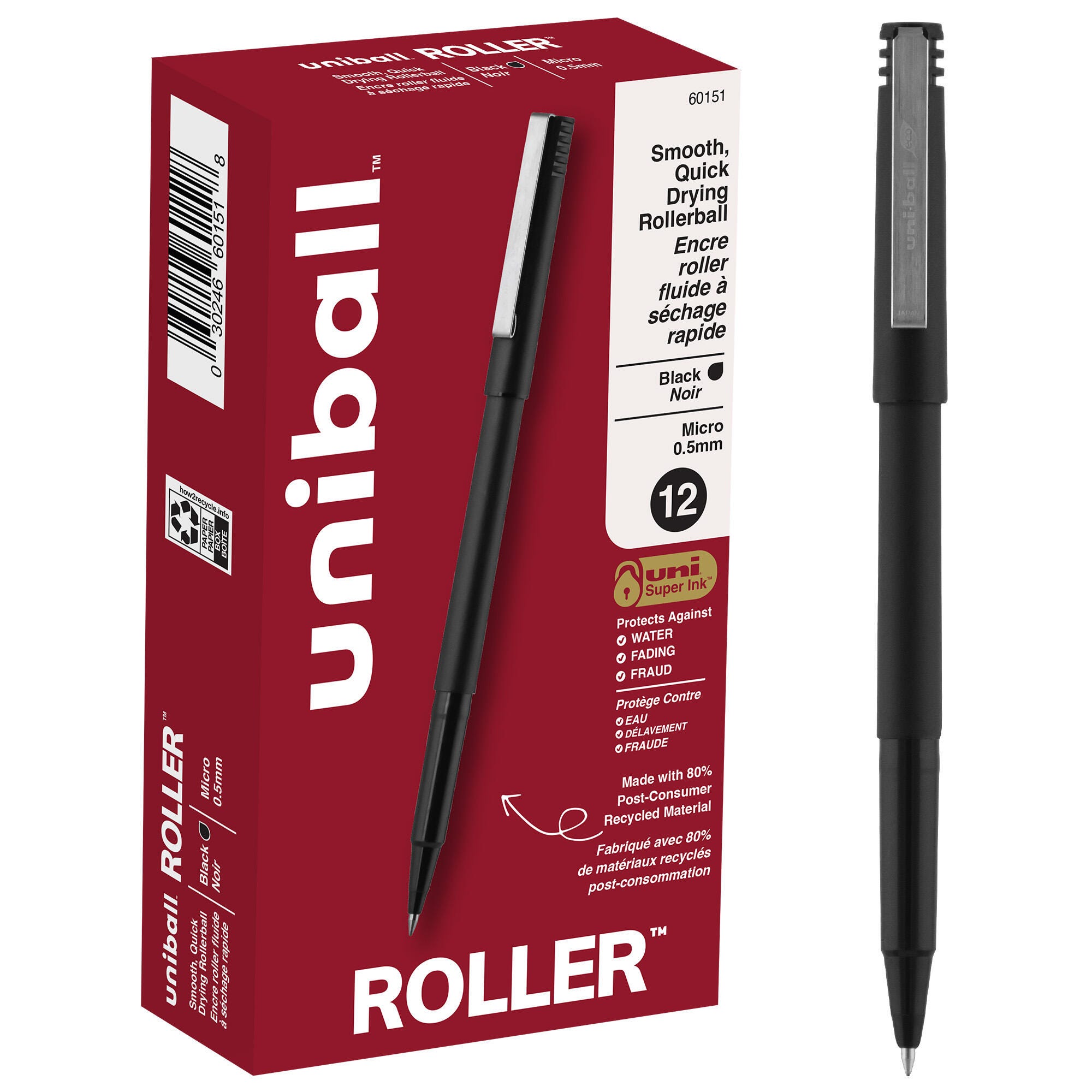 uniball Roller Ball Stick Pens, 0.5 mm Micro Tip, Black, Pack of 12 079124