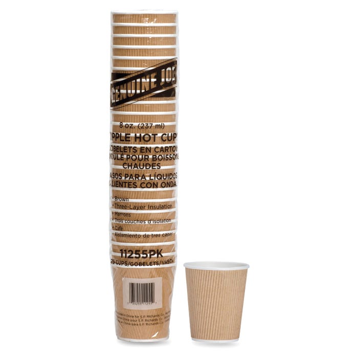 Genuine Joe 3-Layer Rippled Hot Cup, 8 oz, Brown, Pack of 25