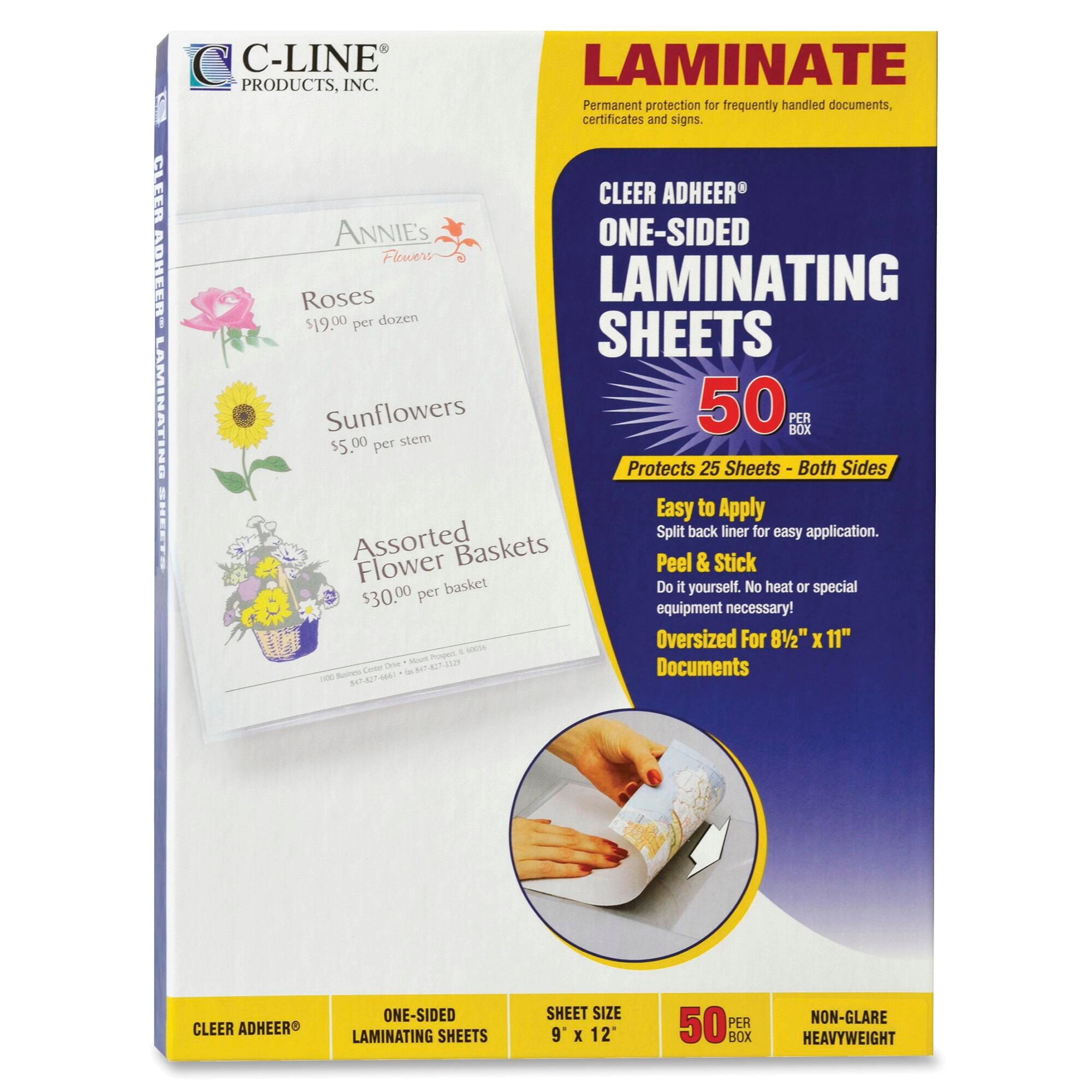 C-Line Cleer Adheer Laminating Sheets, 9 x 12 Inches, Non-Glare, Pack of 50, Item Number 1056703