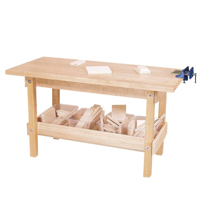 Wood Designs Play Workbench with Four Translucent Trays and Wood Pieces, 44 x 20 x 25 Inches