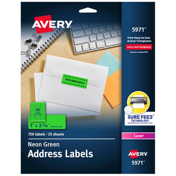 Avery Permanent Laser Labels, 1 x 2-5/8 Inches, Neon Green, Pack of 750