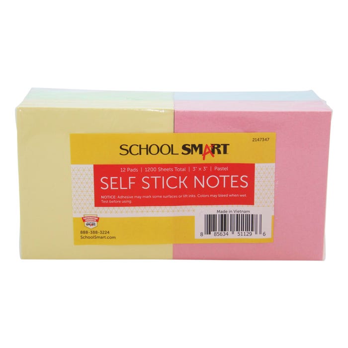 School Smart Removable Self-Stick Adhesive Notes, 3 x 3 Inches, Assorted Pastel Colors, 100 Sheets/Pad, Pack of 12