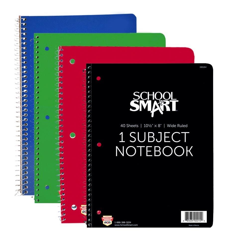 School Smart Spiral Non-Perforated 1 Subject Wide Ruled Notebook, 10-1/2 x 8 Inches 085264