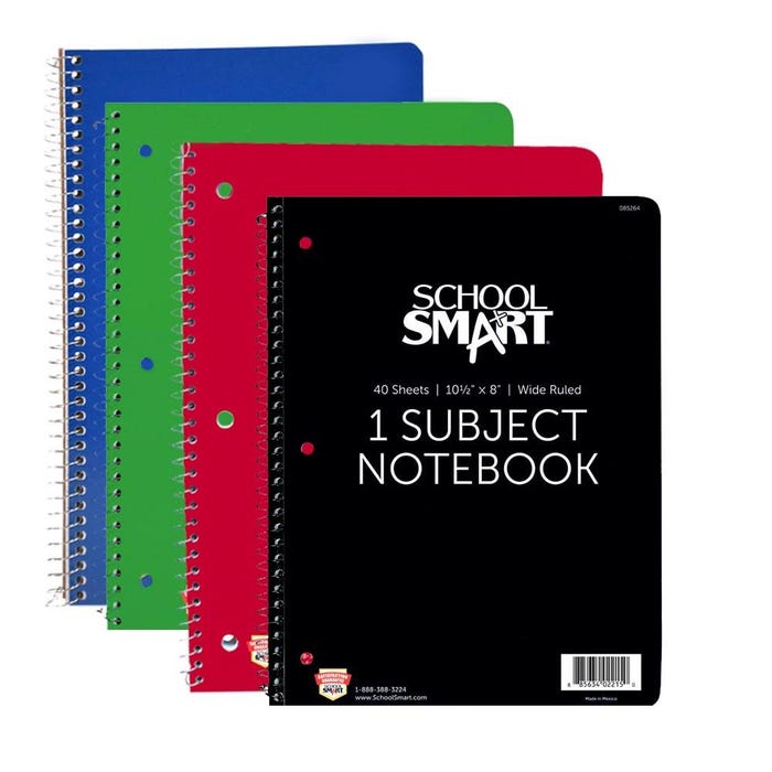 School Smart Spiral Non-Perforated 1 Subject Wide Ruled Notebook, 10-1/2 x 8 Inches