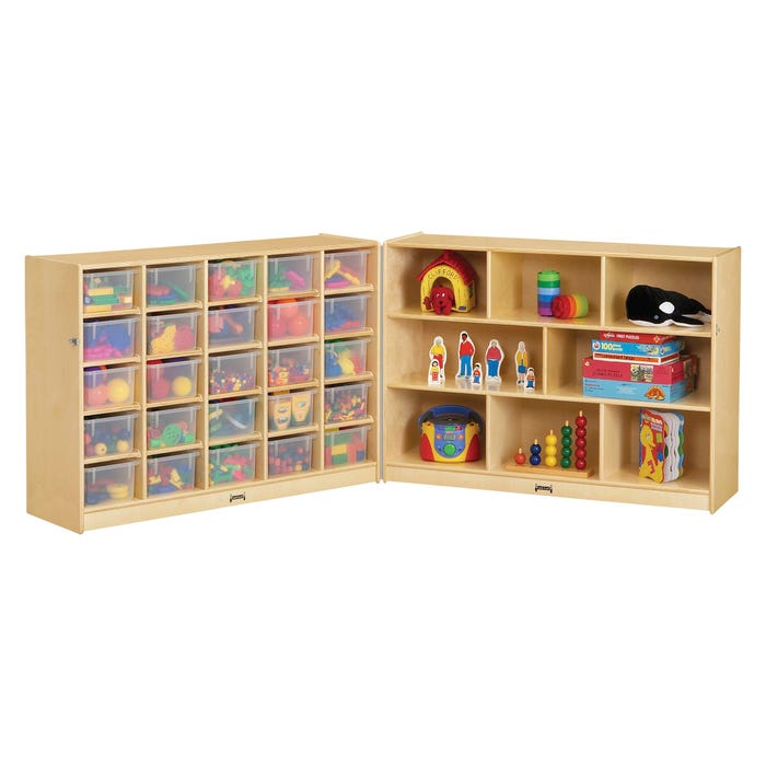 Jonti-Craft 25 Cubbie-Tray Mobile Fold-n-Lock, Clear Trays, Magnetic Write-n-Wipe Back, 96 x 15 x 35-1/2 Inches