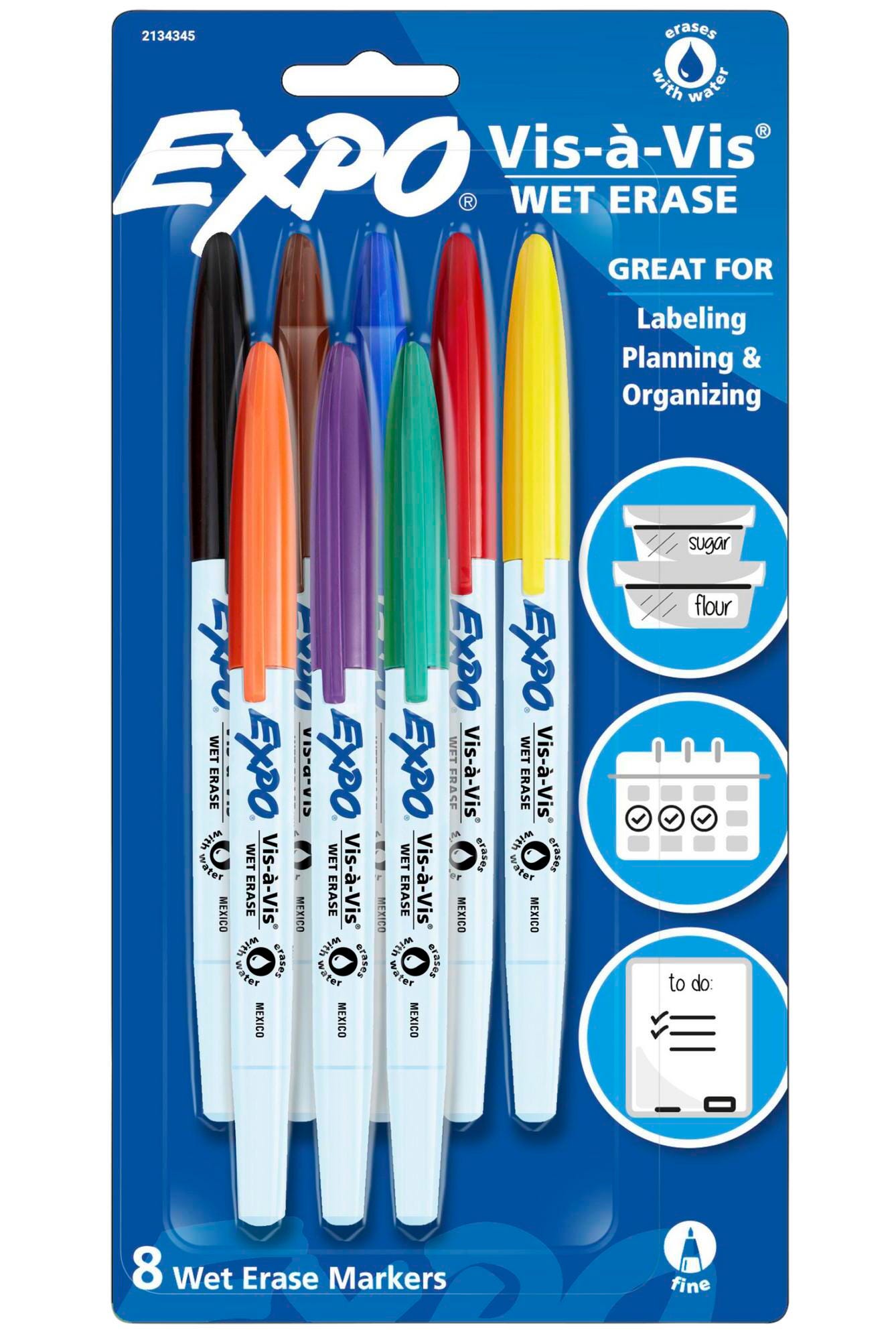 EXPO Vis-à-Vis Wet Erase Markers, Fine Tip, Assorted Colors, Set of 8 2092442