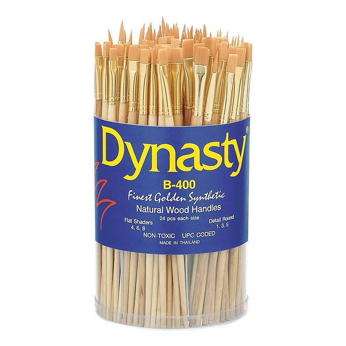 Dynasty Brush Golden Taklon Brushes in Canister, Short Handles, Assorted Sizes, Set of 144