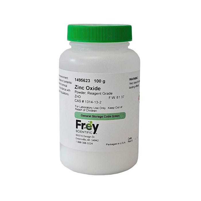 Frey Scientific Zinc Oxide, White and Yellowish - White Powder, Reagent Grade, 100 Grams