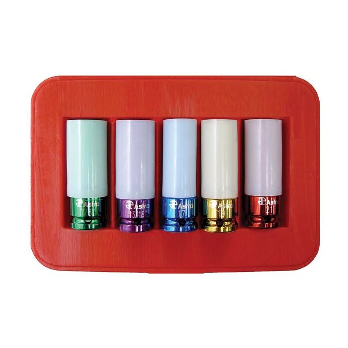 Astro 5-Piece Impact Socket Set for Chrome Protective Plastic Sleeves and Shallow Broach, Anodized Aluminum, Set of 5