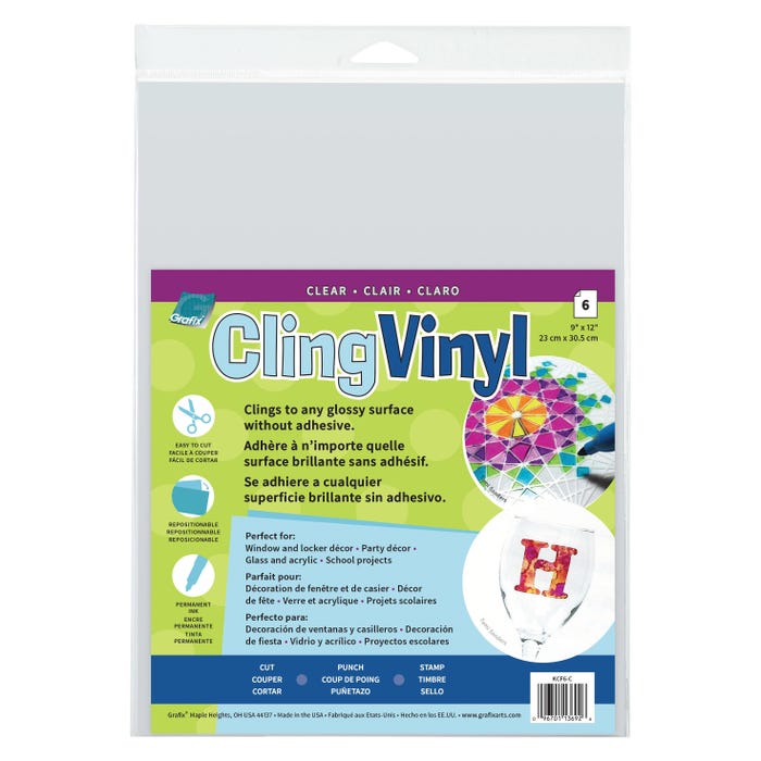 Grafix Cling Vinyl, Clear, 9 x 12 Inches, Pack of 6